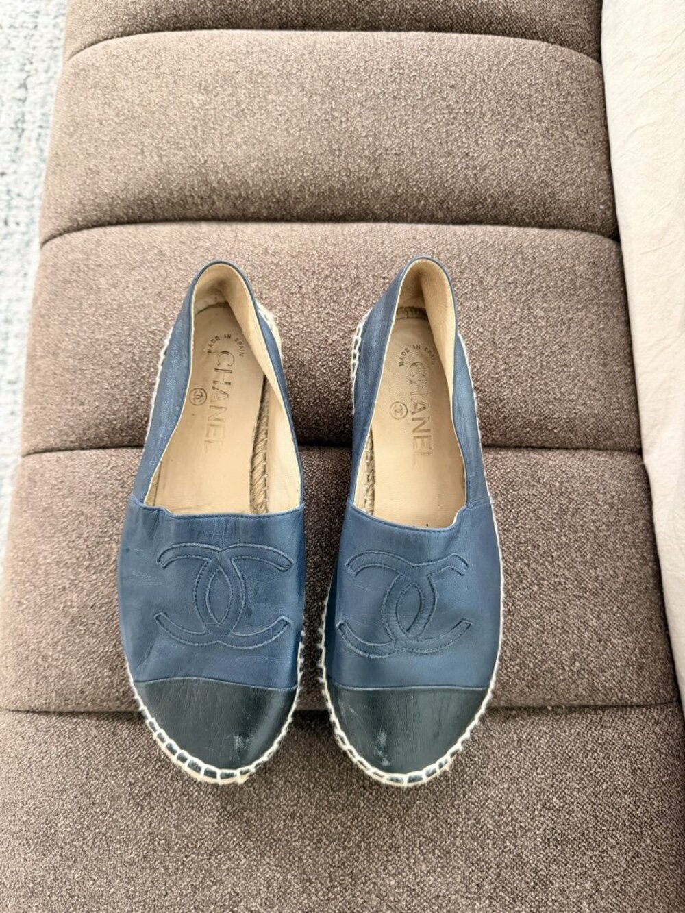 Chanel Espadrilles Navy Leather Black Cap Toe 36